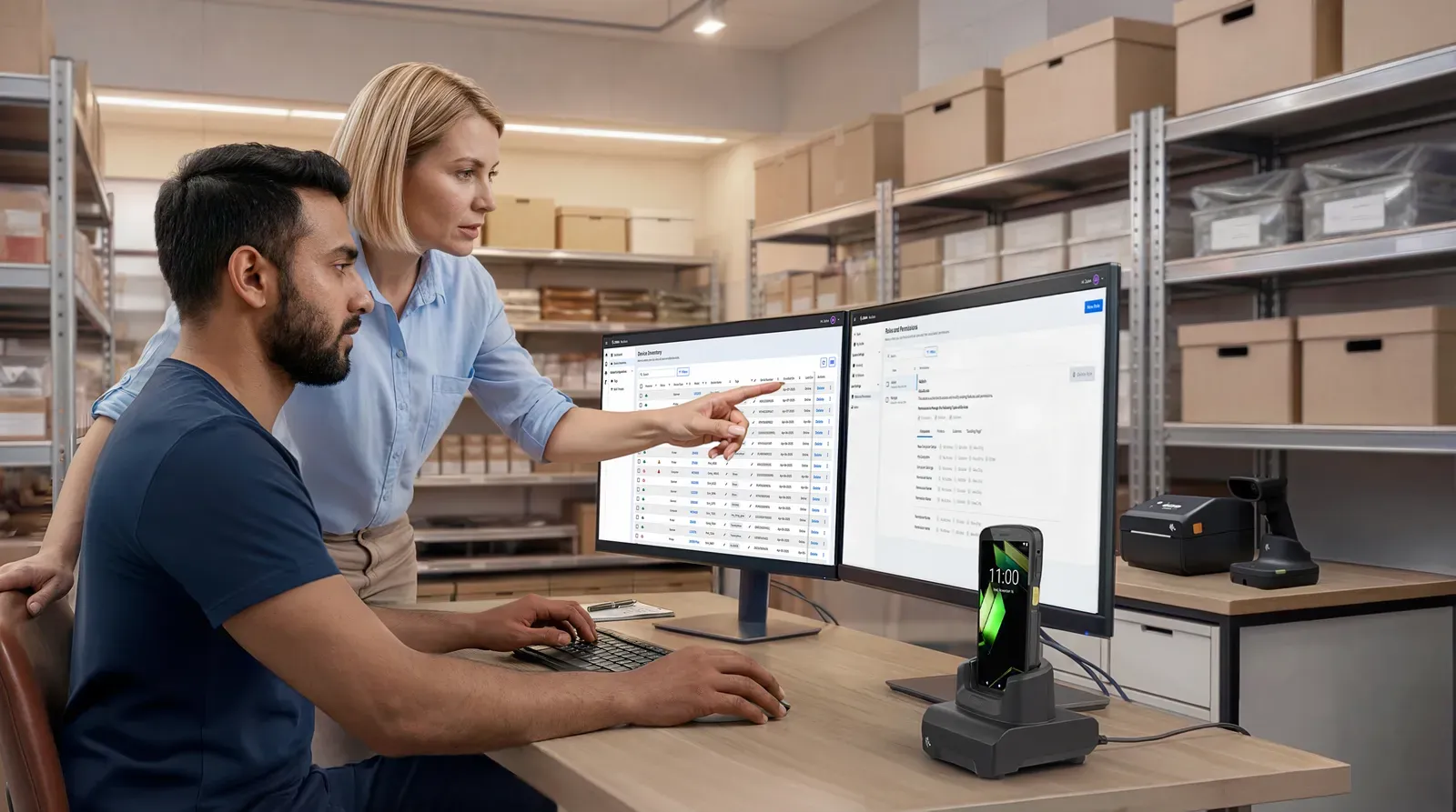 Dos personas revisando en pantalla los datos de inventario que llegan desde los equipos
