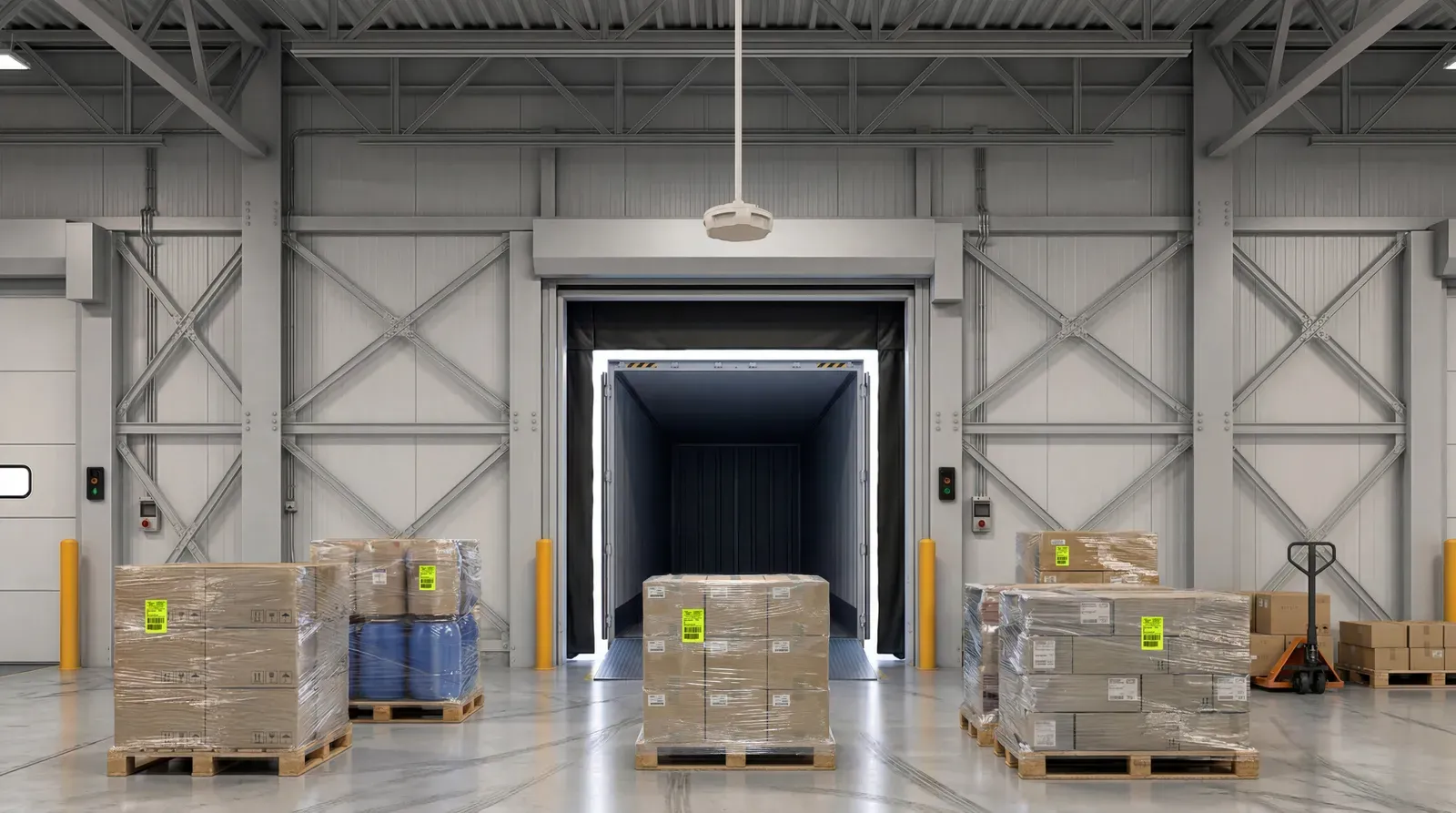 Andén de carga con pallets etiquetados cruzando un portal de lectura RFID