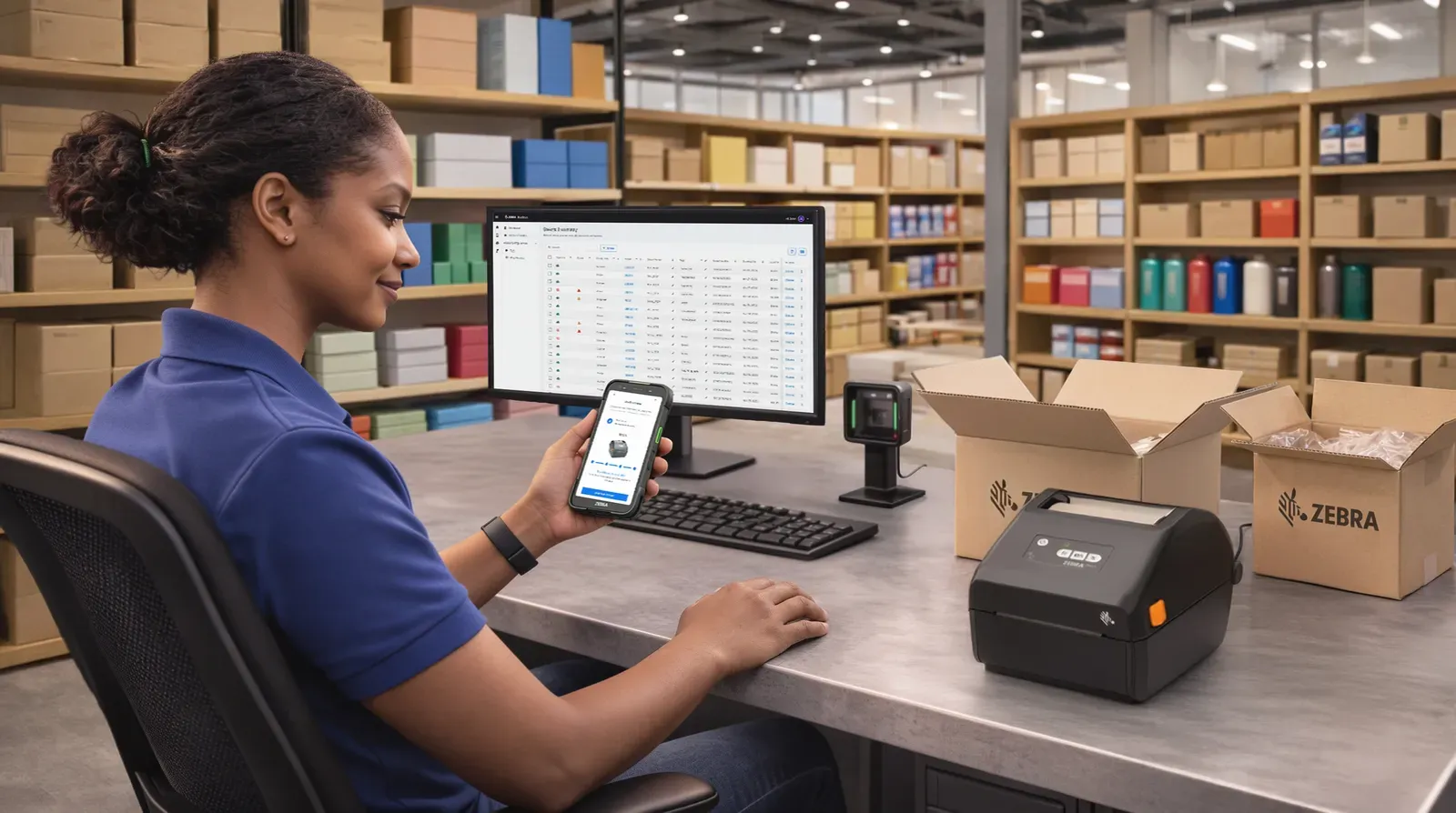Técnica configurando una impresora de etiquetas desde el teléfono y el computador