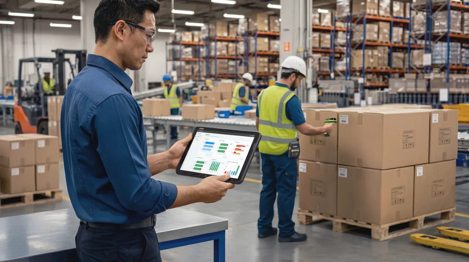 Supervisor de almacén revisando en una tablet el estado de la operación mientras el equipo prepara pedidos
